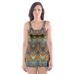 Boho Earth Colors Pattern Skater Dress Swimsuit by SpinnyChairDesigns