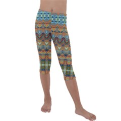 Boho Earth Colors Pattern Kids  Lightweight Velour Capri Leggings  by SpinnyChairDesigns