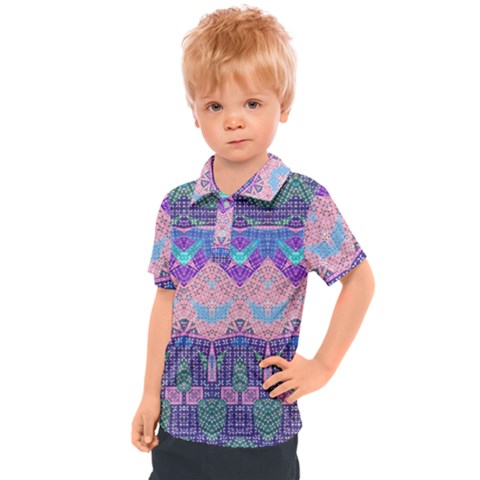 Boho Patchwork Violet Pink Green Kids  Polo Tee by SpinnyChairDesigns