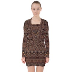 Boho Brown Gold V-neck Bodycon Long Sleeve Dress by SpinnyChairDesigns