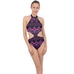 Boho Magenta Black Pattern Halter Side Cut Swimsuit by SpinnyChairDesigns