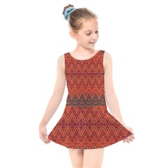 Boho Rust Orange Brown Pattern Kids  Skater Dress Swimsuit by SpinnyChairDesigns