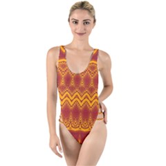 Boho Red Gold Pattern High Leg Strappy Swimsuit by SpinnyChairDesigns