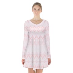 Boho Pastel Pink Pattern Long Sleeve Velvet V-neck Dress by SpinnyChairDesigns