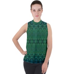 Boho Emerald Green And Blue  Mock Neck Chiffon Sleeveless Top by SpinnyChairDesigns