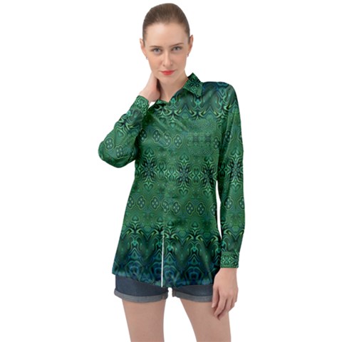 Boho Emerald Green And Blue  Long Sleeve Satin Shirt by SpinnyChairDesigns