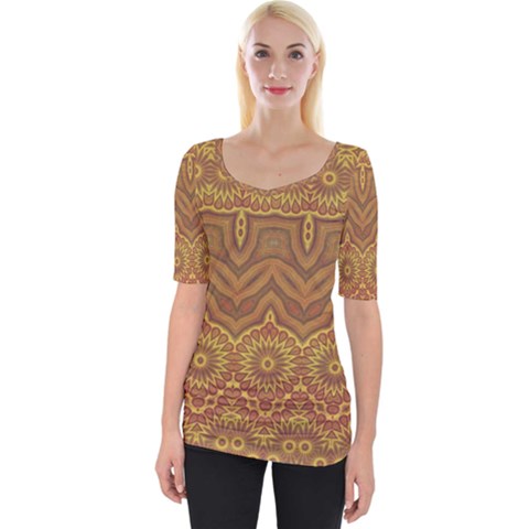 Boho Sunflower Print Wide Neckline Tee by SpinnyChairDesigns