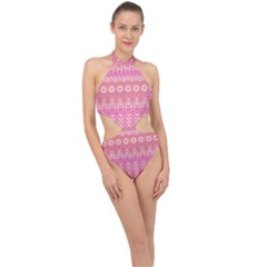 Boho Pink Floral Pattern Halter Side Cut Swimsuit by SpinnyChairDesigns