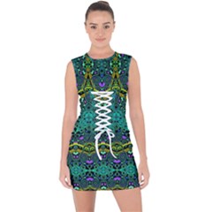 Boho Emerald Green Lace Up Front Bodycon Dress by SpinnyChairDesigns