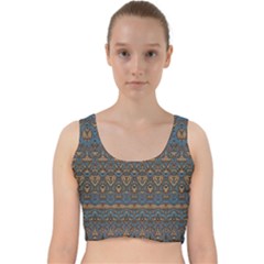 Boho Blue Gold Pattern Velvet Racer Back Crop Top by SpinnyChairDesigns