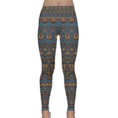 Boho Blue Gold Pattern Lightweight Velour Classic Yoga Leggings by SpinnyChairDesigns