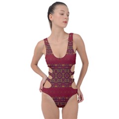 Boho Red Gold Side Cut Out Swimsuit by SpinnyChairDesigns