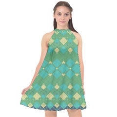 Boho Green Blue Checkered Halter Neckline Chiffon Dress  by SpinnyChairDesigns