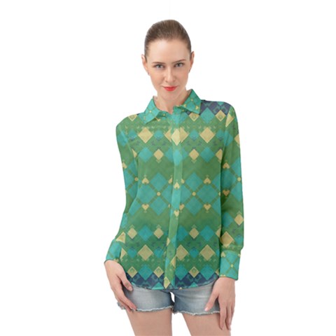 Boho Green Blue Checkered Long Sleeve Chiffon Shirt by SpinnyChairDesigns