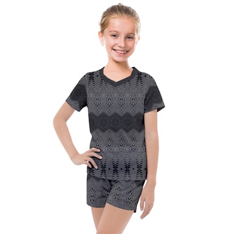 Boho Black Grey Pattern Kids  Mesh Tee And Shorts Set by SpinnyChairDesigns