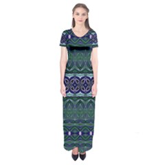 Boho Blue Green  Short Sleeve Maxi Dress by SpinnyChairDesigns