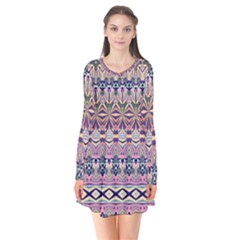 Colorful Boho Pattern Long Sleeve V-neck Flare Dress by SpinnyChairDesigns