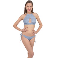 Boho Faded Blue Stripes Cross Front Halter Bikini Set by SpinnyChairDesigns