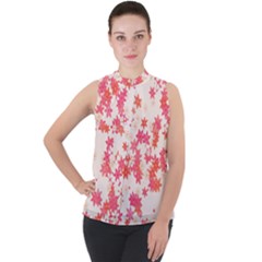 Vermilion And Coral Floral Print Mock Neck Chiffon Sleeveless Top by SpinnyChairDesigns