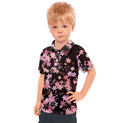 Pink Lilies On Black Kids  Polo Tee by SpinnyChairDesigns