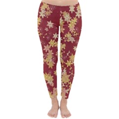 Gold And Tuscan Red Floral Print Classic Winter Leggings by SpinnyChairDesigns