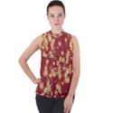 Gold and Tuscan Red Floral Print Mock Neck Chiffon Sleeveless Top View1