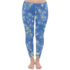 Yellow Flowers On Blue Classic Winter Leggings by SpinnyChairDesigns