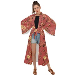 Gold And Rust Floral Print Maxi Kimono by SpinnyChairDesigns