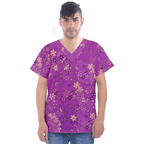 Gold Purple Floral Print Men s V-neck Scrub Top by SpinnyChairDesigns