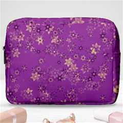 Gold Purple Floral Print Make Up Pouch (large) by SpinnyChairDesigns