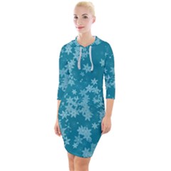 Teal Blue Floral Print Quarter Sleeve Hood Bodycon Dress by SpinnyChairDesigns