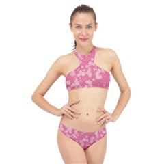 Blush Pink Floral Print High Neck Bikini Set by SpinnyChairDesigns