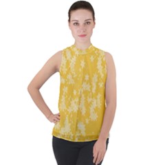 Saffron Yellow Floral Print Mock Neck Chiffon Sleeveless Top by SpinnyChairDesigns