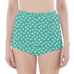 Biscay Green White Floral Print High-waisted Bikini Bottoms by SpinnyChairDesigns