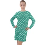 Biscay Green White Floral Print Long Sleeve Hoodie Dress