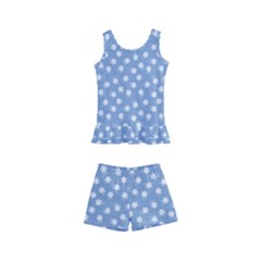 Faded Blue White Floral Print Kids  Boyleg Swimsuit by SpinnyChairDesigns