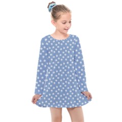 Faded Blue White Floral Print Kids  Long Sleeve Dress by SpinnyChairDesigns