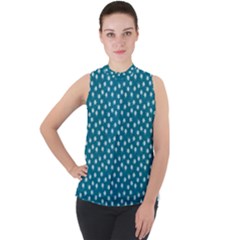 Teal White Floral Print Mock Neck Chiffon Sleeveless Top by SpinnyChairDesigns