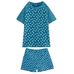 Teal White Floral Print Kids  Swim Tee And Shorts Set by SpinnyChairDesigns