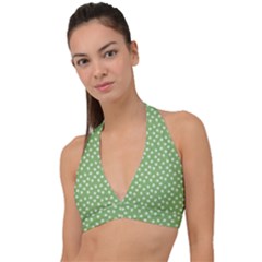 Spring Green White Floral Print Halter Plunge Bikini Top by SpinnyChairDesigns