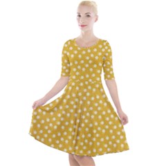 Saffron Yellow White Floral Pattern Quarter Sleeve A-line Dress by SpinnyChairDesigns