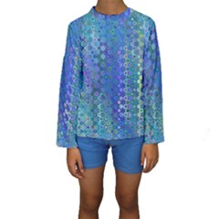 Boho Blue Wildflower Print Kids  Long Sleeve Swimwear by SpinnyChairDesigns