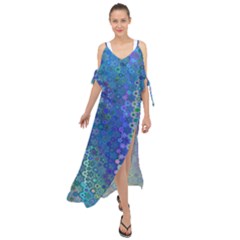 Boho Blue Wildflower Print Maxi Chiffon Cover Up Dress by SpinnyChairDesigns