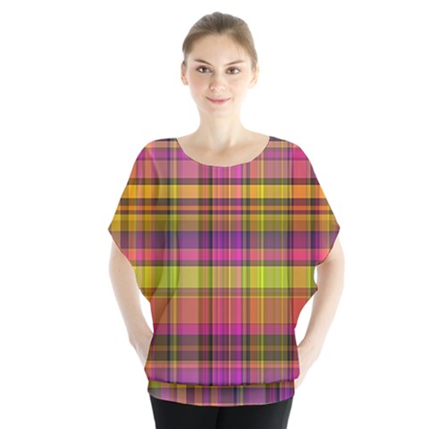 Pink Yellow Madras Plaid Batwing Chiffon Blouse by SpinnyChairDesigns