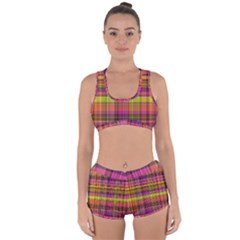 Pink Yellow Madras Plaid Racerback Boyleg Bikini Set by SpinnyChairDesigns