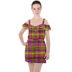 Pink Yellow Madras Plaid Ruffle Cut Out Chiffon Playsuit by SpinnyChairDesigns