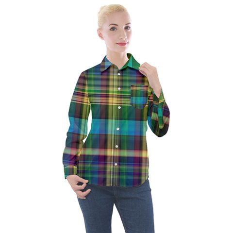 Colorful Madras Plaid Women s Long Sleeve Pocket Shirt by SpinnyChairDesigns