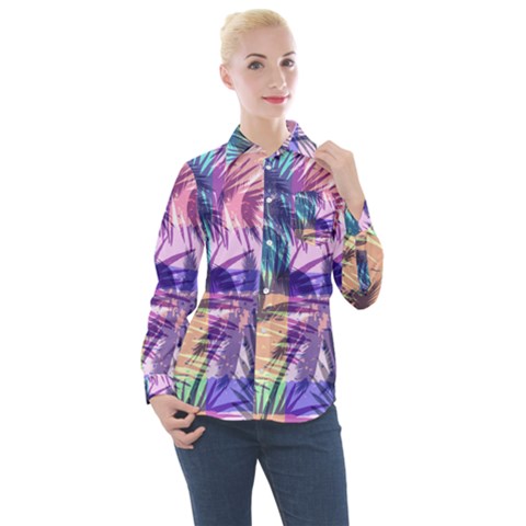 Purple Tropical Pattern Women s Long Sleeve Pocket Shirt by designsbymallika