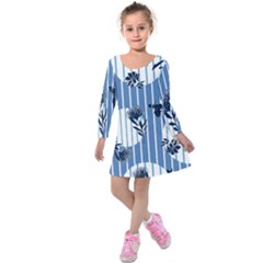 Stripes Blue White Kids  Long Sleeve Velvet Dress by designsbymallika