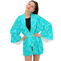Aqua Blue Butterfly Print Long Sleeve Kimono by SpinnyChairDesigns
